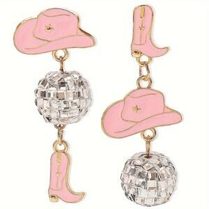 NEW Western Pink Cowboy Hat & Boot Dangle Earrings, Disco Ball Jewelry, Cowgirl